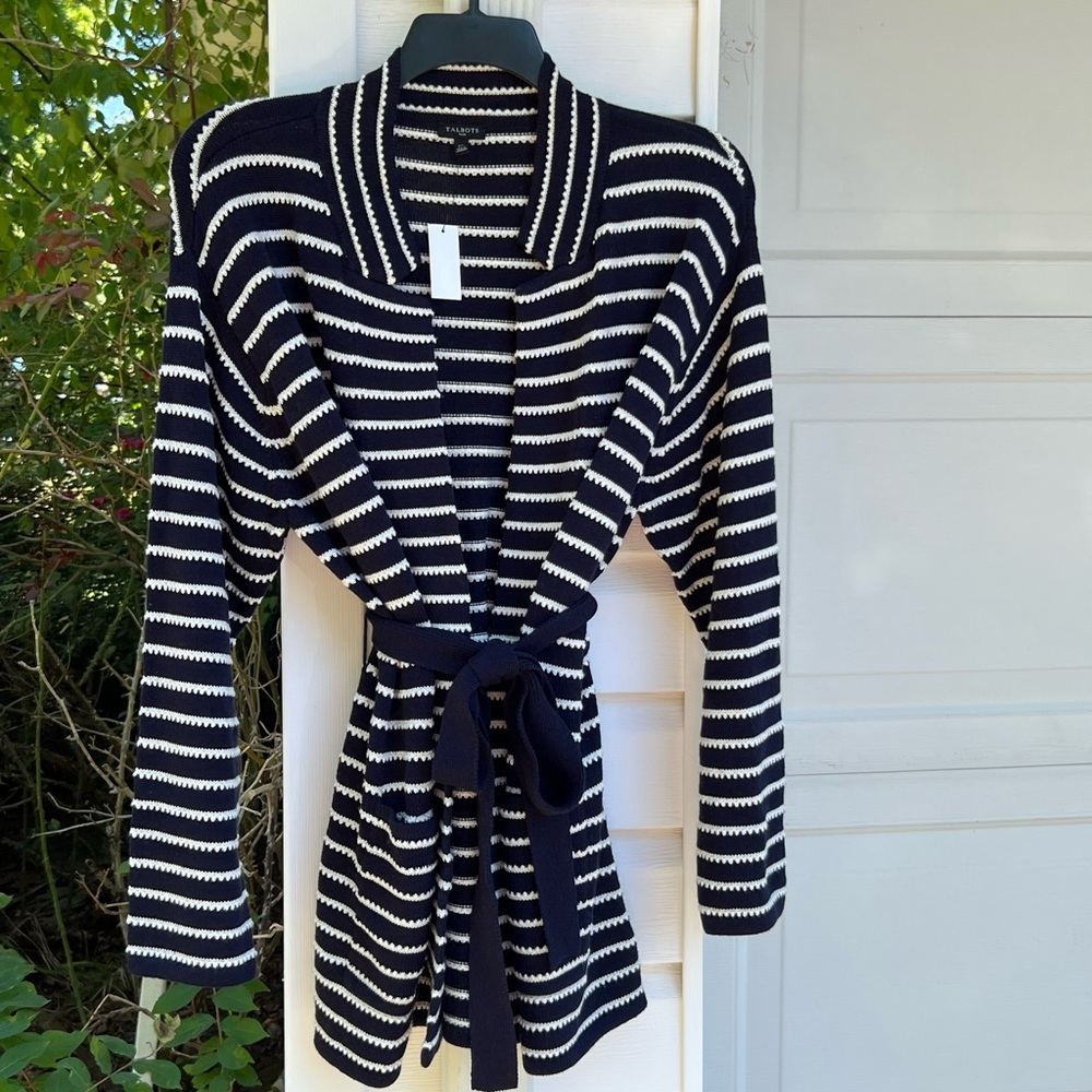NWT Talbots Pretty Navy Lacey Cream Stripe Open Front Belted Cardigan